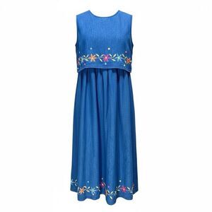 Vintage 90s Karin Stevens Floral Embroidered Denim Tradwife Dress Women’s Sz 14